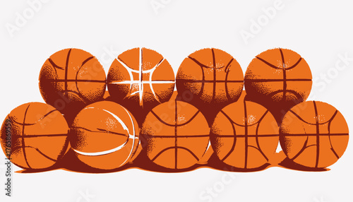 Graphic design of basketballs in varying styles and shades of orange with a white background