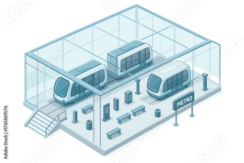 Futuristic metro station with modern glass architecture and innovative transport design