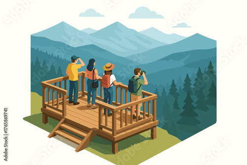 Group of young adults enjoying scenic mountain view from wooden platform