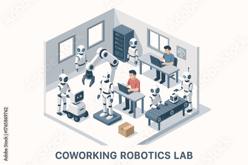 Diverse robotics team assisting young asian and caucasian males in high-tech coworking lab