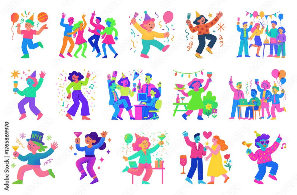 Fototapeta premium PNG Colorful celebration dance illustrations, element set on transparent background