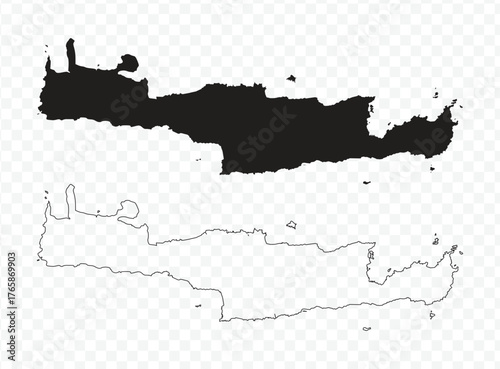 Crete island map silhouette and outline vector illustration on transparent background