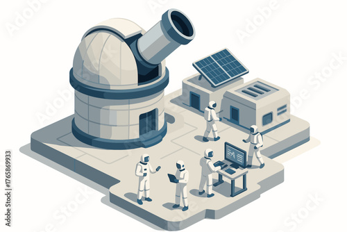 Futuristic space observatory with scientists in space suits analyzing data