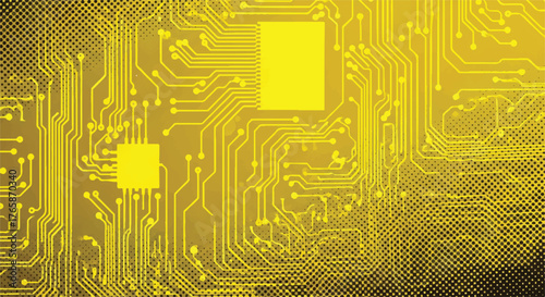 yellow circuit board background in pop art style representing technology, innovation, and digital connection