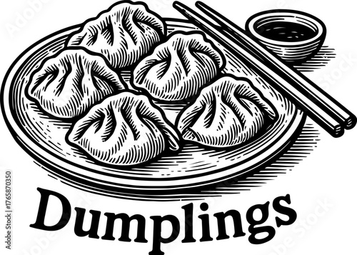 A black and white vintage-style illustration of a plate of Asian dumplings with chopsticks and a dipping sauce.