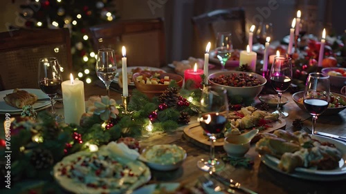 A Festive Christmas Dinner Table Spread with Candles and Softly Glowing Tree