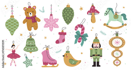 Colorful Christmas ornaments including bears, trees, and ballet dancers create a joyful holiday scene