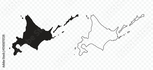 Outline and black silhouette map of Hokkaido, the northernmost island of Japan