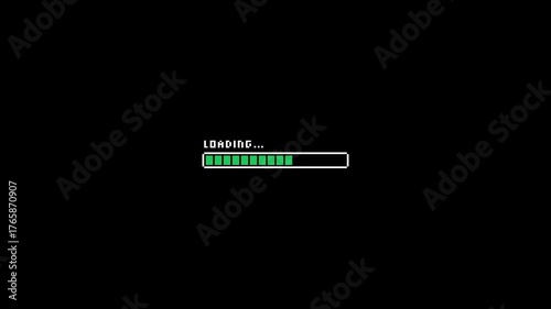Pixel art loading bar animation 8-bit with green bar. HD 4K animation of loading with pixel art style.
