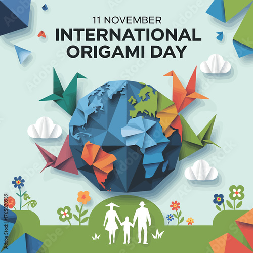 Vector art of international origami day celebrated with colorful paper cranes and a globe, symbolizing global unity and the art of paper folding
