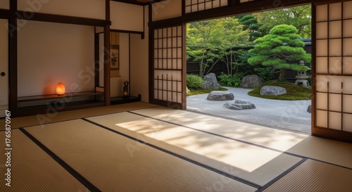 Serene Japanese tatami room opens to tranquil Zen garden with raked sand and sculpted trees