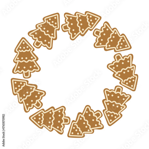 Gingerbread cookies shaped like Christmas trees arranged in a circular pattern for holiday decoration