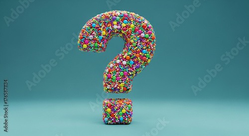 Playful candy question mark featuring various sprinkle shapes and bright, cheerful colors
