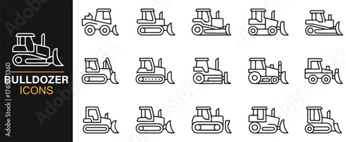 Thin line bulldozer and loader symbols for building and site graphics.