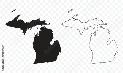 Outline and black silhouette map of Michigan state, one of the Great Lakes states