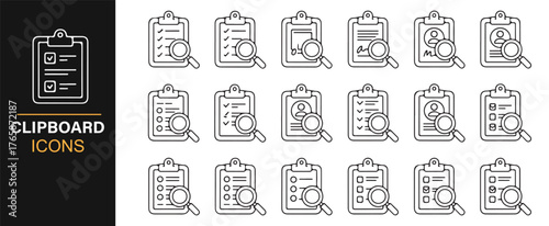 Outline clipboard vector set with report, data, and audit design elements.