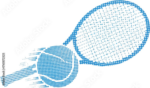 Blue halftone tennis racket and ball illustration showing motion and speed in modern sport design