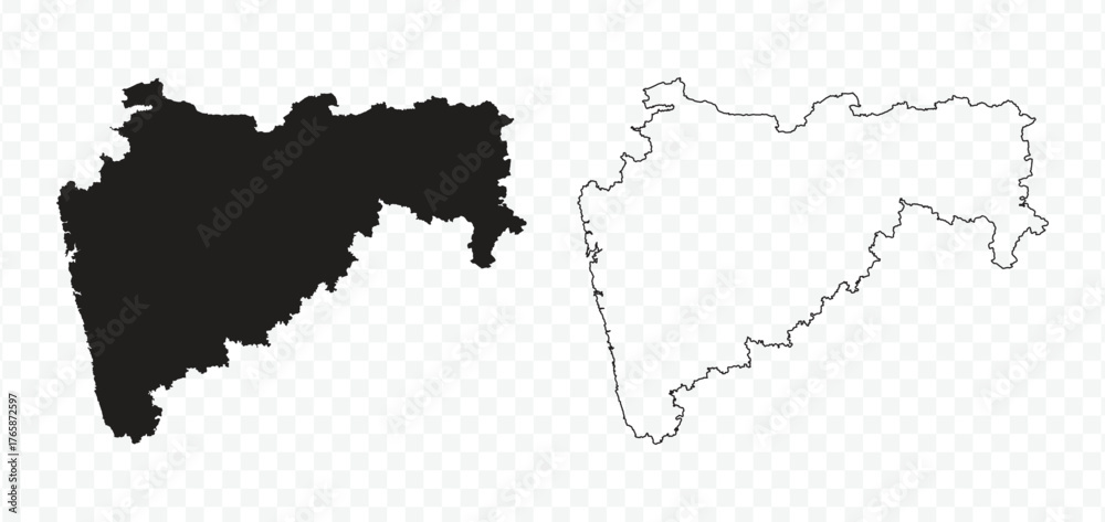 Obraz premium Black silhouette and outline maps of the Indian state of Maharashtra