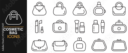 Clean linear makeup icon set showing lipstick, pouch, and nail polish.