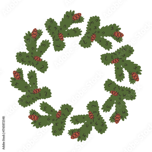 Circular green wreath made of pine branches with pinecones, perfect for holiday decorations and seasonal festivities