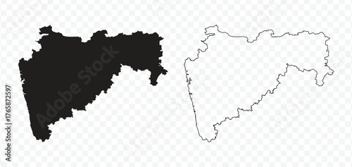 Black silhouette and outline maps of the Indian state of Maharashtra