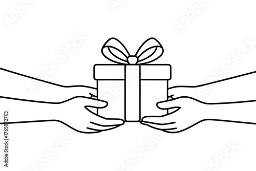 Hands exchanging a gift box with a ribbon bow