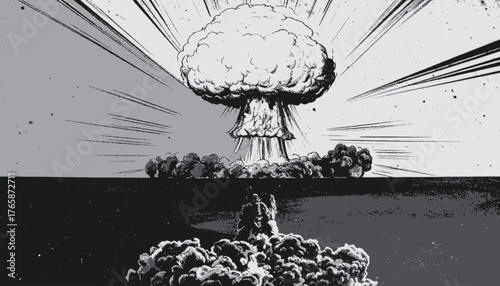 A grayscale illustration of a nuclear explosion mushroom cloud rising amidst radiating beams