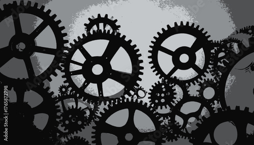 Artistic depiction of interlocking cogwheels. A monochrome arrangement with a textured background
