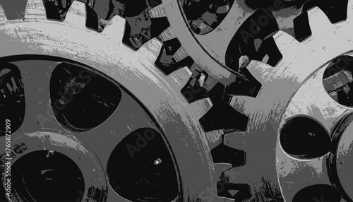 A grayscale close-up captures a mechanical composition of interlocking gears, displaying intricate details