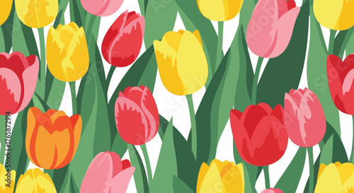 Colorful tulips in full bloom against green leaves, creating a vibrant floral pattern.