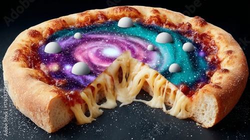 Unique pizza creation featuring a cosmic galaxy design inside, with melted cheese stretching out, showcasing a whimsical blend of culinary art and imaginative space theme for food lovers