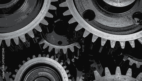 Monochrome industrial close-up of interlocking gears, showcasing a technical and mechanical design