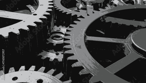 A grayscale close-up captures the interlocking mechanics of several large cogwheels