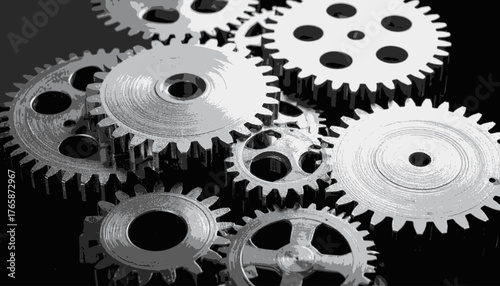 A grayscale close-up showing overlapping metal gears. Abstract mechanical assembly