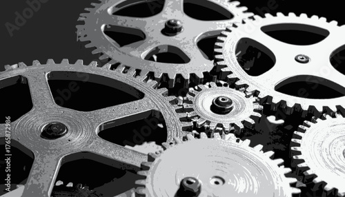 A grayscale close-up shot of several interlocking metal gears against a dark background
