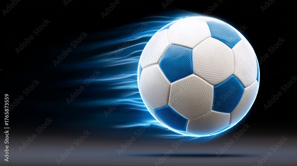 Obraz premium Soccer ball in motion with dynamic blue trails, showcasing speed and energy, against a dark background, emphasizing the excitement of the game and the thrill of athletic performance