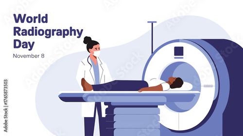 Vector art of world radiography day illustration featuring a radiologist and patient with an mri scanner, highlighting medical imaging and healthcare professions