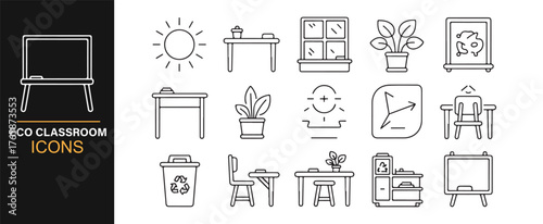 Eco learning environment icon set with plants, bins, and clean energy.