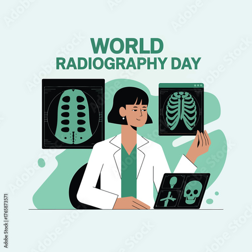 Vector art of world radiography day celebration with a radiologist examining xray images of skeleton and rib cage, medical illustration