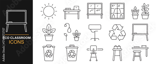 Minimal linear eco school symbols for sustainability and recycling concepts.