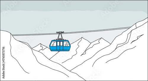 Blue Funicular Among Snowy Mountain Peaks — Minimalist Winter Vector Illustration svg