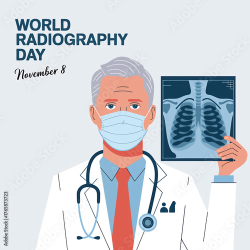 Vector art of radiologist in mask holding chest xray on world radiography day, highlighting the importance of medical imaging in diagnosing diseases
