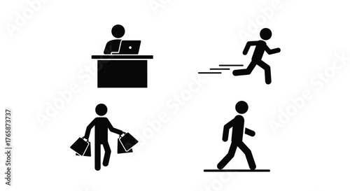 Simple black stick figures depict work running shopping and leisure activities
