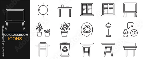 Green education outline icons for eco-friendly classroom illustration.