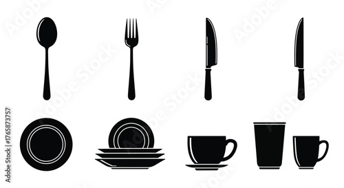 Black silhouette vector illustration of cutlery plates and drinking vessels