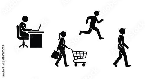 People engaged in different activities working running shopping and walking