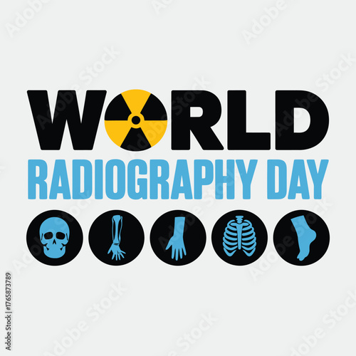 Vector art of world radiography day celebration with medical icons including skull, hand, bone, and foot