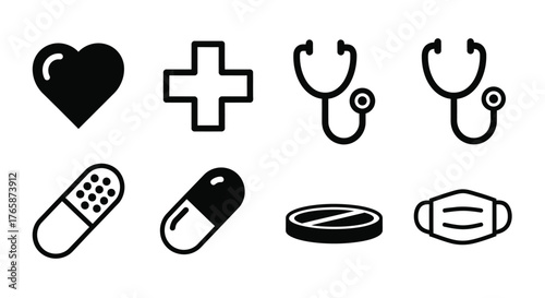Medical symbols including hearts pills stethoscopes and protective face masks