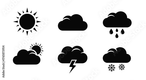 Simple black and white weather icons depicting sun clouds and precipitation