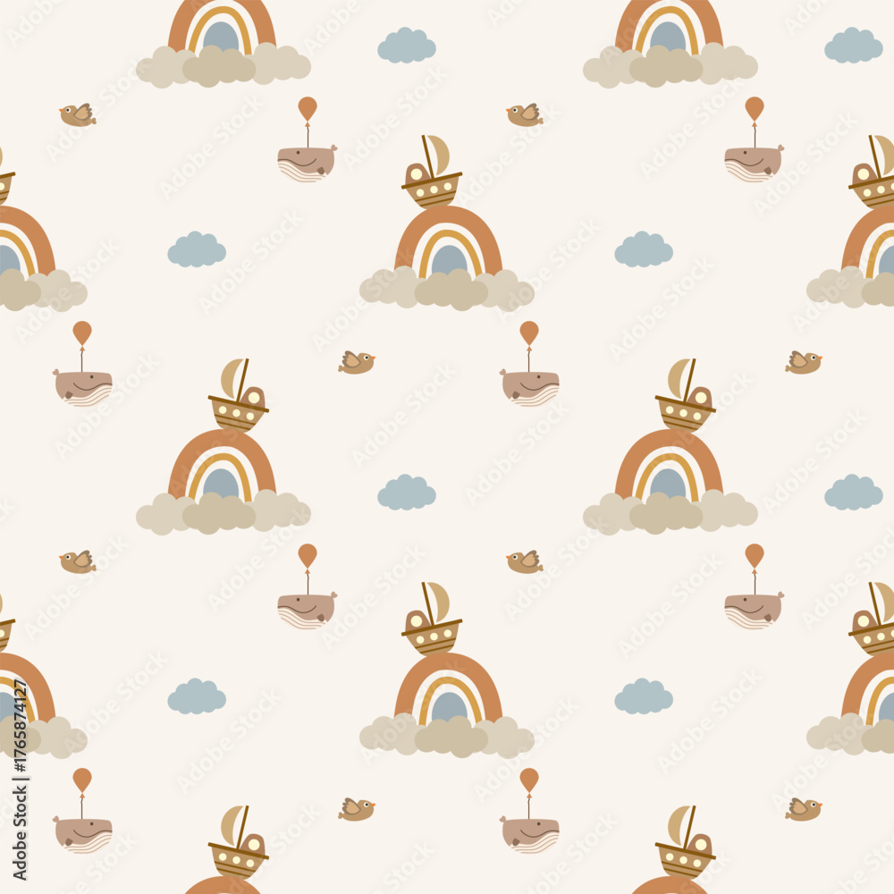 Fototapeta premium Sailboat on the rainbow cartoon so cute. On balloon whale cloud bird background. Pattern seamless vector illustration. 